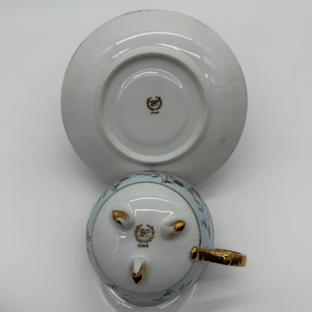 Vintage Japan Lusterware Tea Cup Saucer Set Purple Rose Gold Gilt Footed Blue